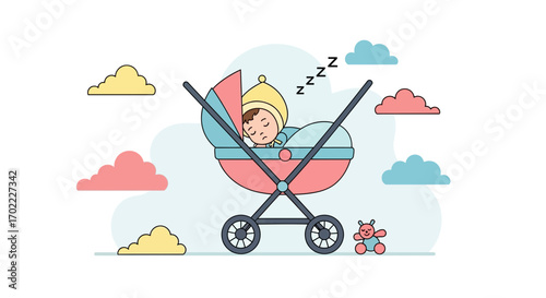 A cute illustration of a baby sleeping in a stroller with a teddy bear next to it