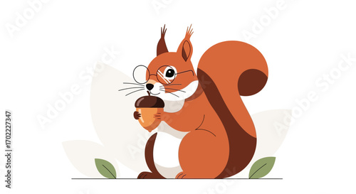 Adorable Cartoon Squirrel Wearing Glasses Holding Acorn in Minimalist Style Illustration