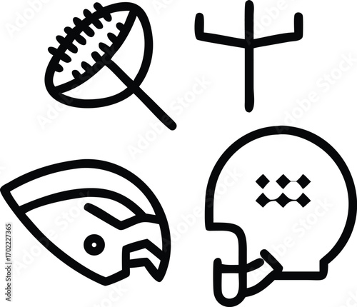 Old-school tattoo line art: football ball and helmet cross, eagle flying over, player silhouette inside goalpost.