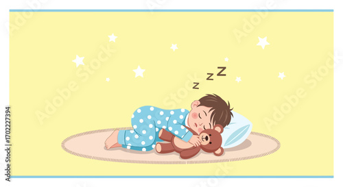 Adorable Child Sleeping Comfortably With Teddy Bear In Sweet Dreamland Illustration