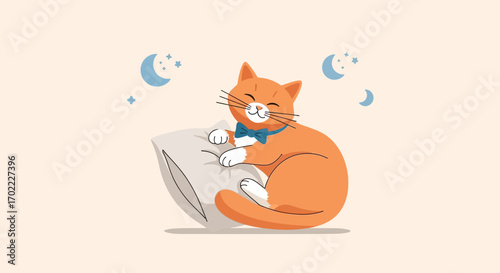 A Cute Orange Cat Sleeping on a Pillow with Moon and Stars in Vector Illustration