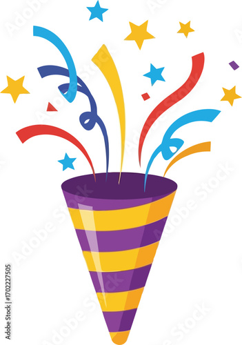 Exploding party popper with confetti stars streamers celebration fun vector