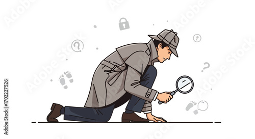A detective exploring a case with a magnifying glass seeking answers with footprints