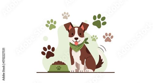 Adorable Puppy Sitting Near The Food Bowl, with Paw Prints, Flat Illustration Style