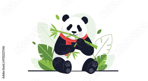 Adorable Panda Consuming Bamboo, Featuring Leafy Embellishments, In Vectorised Artistic Expression