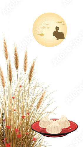 Elegant Tsukimi postcard with full moon, rabbit silhouette, pampas grass and rice dumplings, seasonal Japanese design