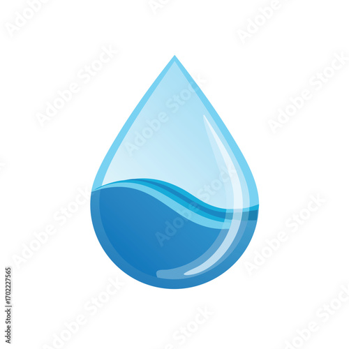 A stylized illustration of a single water droplet, partially filled with blue liquid, against a white background.