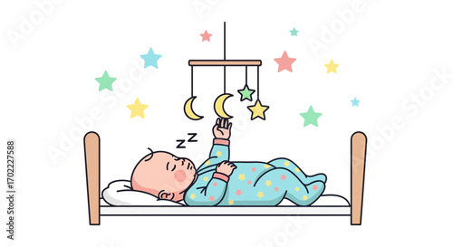 Adorable sleeping baby in a crib with a mobile under the stars illustration