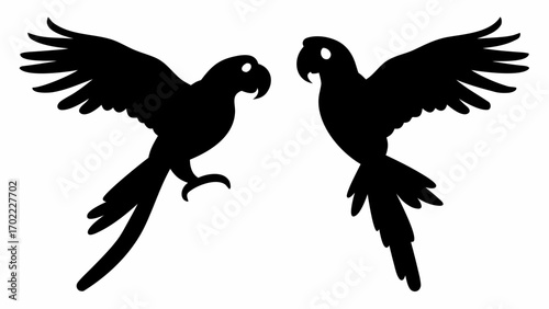 Two parrot silhouettes with outstretched wings facing each other in a monochrome arrangement design