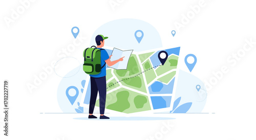 Adventurer Deciphers Geographic Blueprint Plotting Expedition Route on Topographic Chart