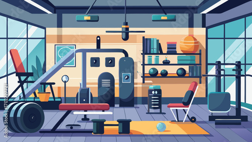 Vector art of bright and spacious gym interior with exercise equipment, weightlifting machines, and a cozy atmosphere for fitness enthusiasts to achieve their goals