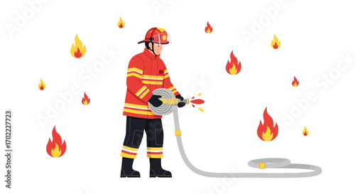 A Firefighter Extinguishing a Fire with a Hose Representing Bravery and Safety