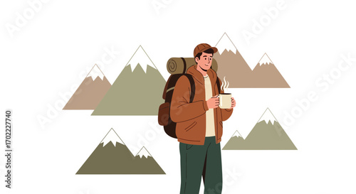 Adventurer Enjoying Warm Beverage Among Majestic Mountain Peaks After Exhausting Trekking