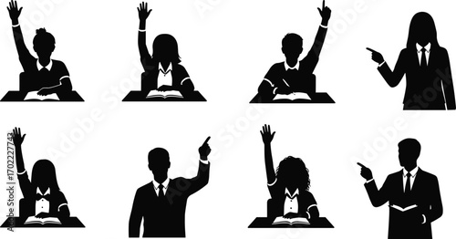 Students raising hands in classroom, teacher pointing at pupils, education learning silhouette vector illustration, study, knowledge, discipline, school teaching concept