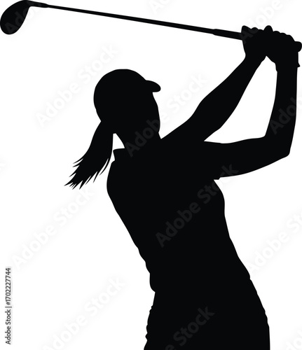 Silhouette of woman golfer swinging club dynamic action sport vector