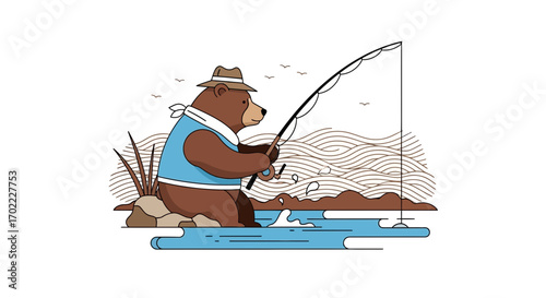 A Fishing Bear With Hat Enjoys The Serenity Of A Peaceful Environment Outdoors