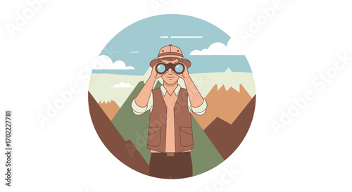 Adventurer Observing Scenery And Landscapes Using Binoculars In Nature Circle