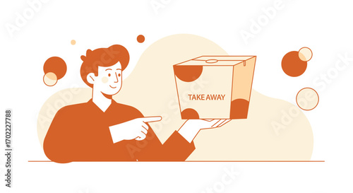 A flat illustration of a man holding a takeout food box, pointing at it happily