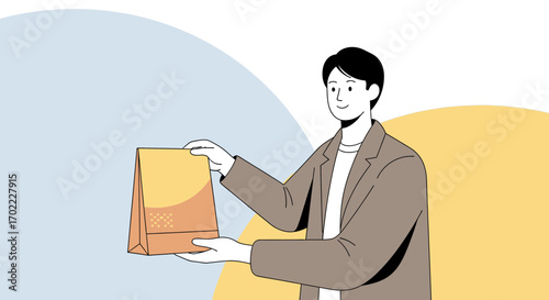 A Gentleman Presents A Packaged Item In An Artistic And Contemporary Illustration With A Positive