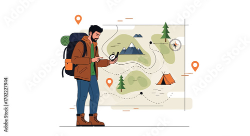 Adventurous Explorer Navigating Vector Map With Compass, Destination, Exploration, And Hiking