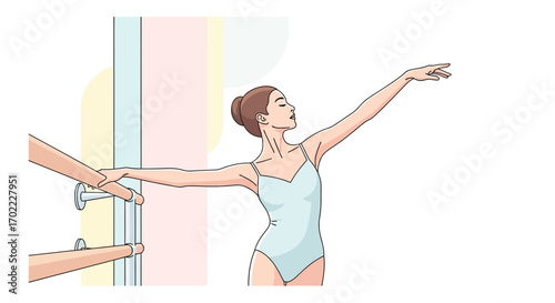 A gracefully illustrated ballerina practices at the barre during ballet training in the studio
