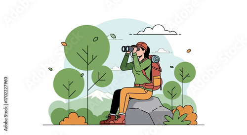 Adventurous Explorer Employing Binoculars To Survey The Vast Natural Terrain With Enthusiasm And