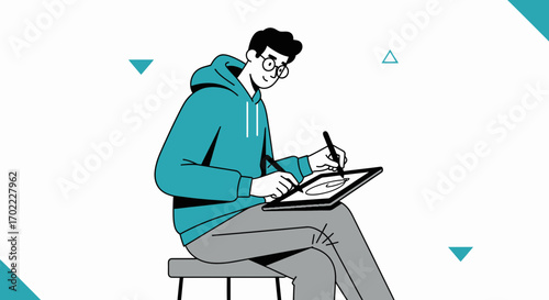 A graphic designer working on a tablet creating digital art in a modern workspace