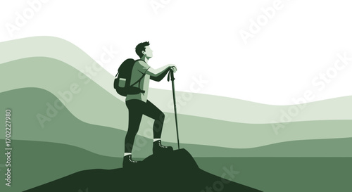 Adventurous Hiker Ascending Rocky Terrain Against a Minimalist Landscape Backdrop