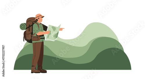 Adventurous Explorer Navigating Wilderness While Planning Journey Through Serene Landscape,