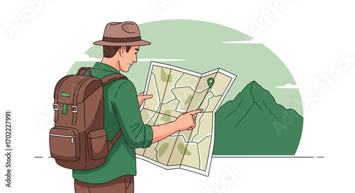 Adventurous Hiker Consulting Map for Navigation Amidst Picturesque Mountain Scenery