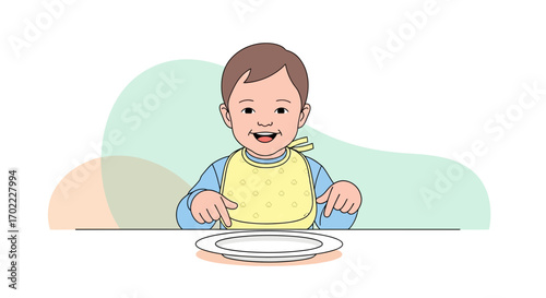 A happy baby ready to eat, pointing towards an empty plate, eating concept