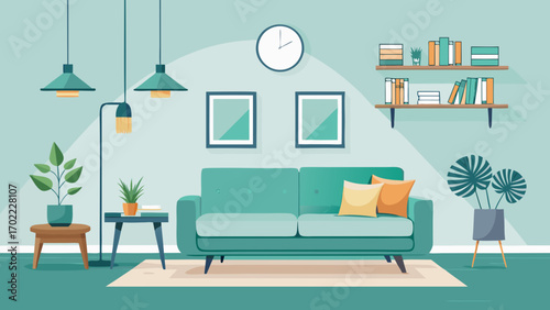 Vector art of a cozy living room interior with a sofa, pillows, plants, and decorative items, creating a comfortable and inviting atmosphere for relaxation and leisure