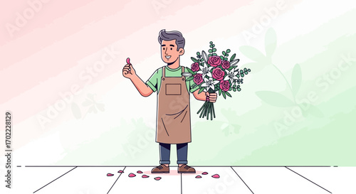 A happy florist holding a bouquet of flowers with a thumbs up gesture of approval