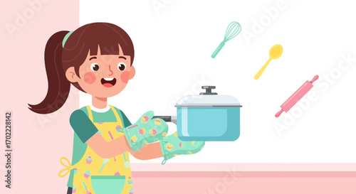 A happy girl holding a pot with kitchen utensils, preparing to cook something delicious