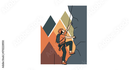 Adventurous Person Scaling a Rock Face with Artistic Mountain Backdrop and Safety Gear