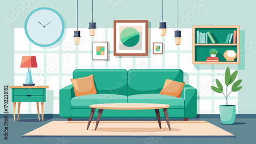 Vector art of bright living room interior with green sofa, coffee table, and decor, creating a cozy and inviting space with a modern and stylish design