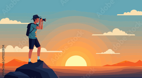 Adventurous Photographer Capturing Sunset: Scenic Vista Amidst Nature's Grandeur