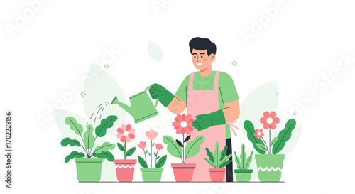 A happy man gardening in his backyard watering flowers and different plants vector