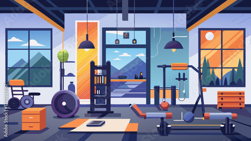 Vector art of a modern home gym interior with various exercise equipment, including a stationary bike, weight bench, and dumbbells, creating a fitnessfocused and active atmosphere
