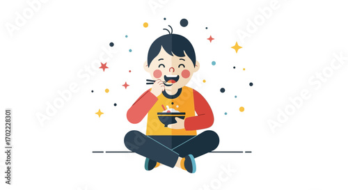 A happy young person enjoying a bowl of noodles while eating with chopsticks