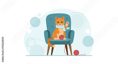 Affectionate Cat Adorned With a Scarf, Resting Comfortably On An Upholstered Chair