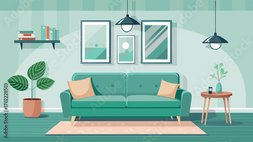 Vector art of cozy living room interior with a comfortable sofa, potted plants, and stylish decor, creating a relaxing and inviting atmosphere for modern living