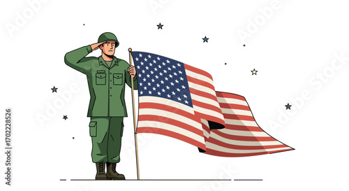 American Soldier in Uniform Saluting the Flag with Stars and Stripes Symbolism
