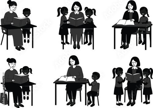 Teacher reading with kids, classroom education, learning time, student-teacher interaction, early education, school lesson, child learning support