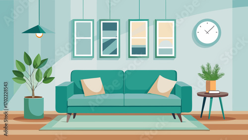 Vector art of stylish living room interior with a comfortable sofa, potted plant, and decorative wall art, creating a modern and inviting space for relaxation