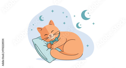 An adorable cartoon cat sleeping peacefully on a pillow under the night sky elements