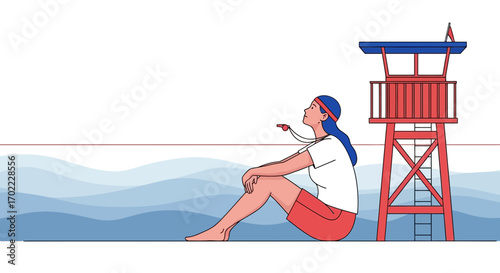 A lifeguard looking into the distance, sitting next to the lifeguard tower on the beach