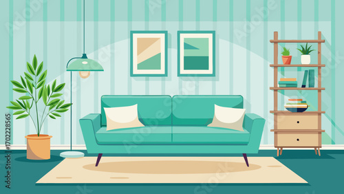Vector art of inviting living room interior featuring a stylish sofa, potted plant, and decorative shelf, creating a cozy and contemporary space for relaxation