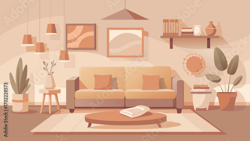 Vector art of cozy living room interior with sofa, plants, and decor, creating a warm and inviting atmosphere for relaxation and comfort in a stylish home setting