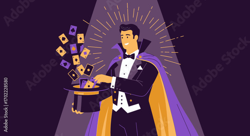 A magician performing a card trick with a hat and cards under a spotlight